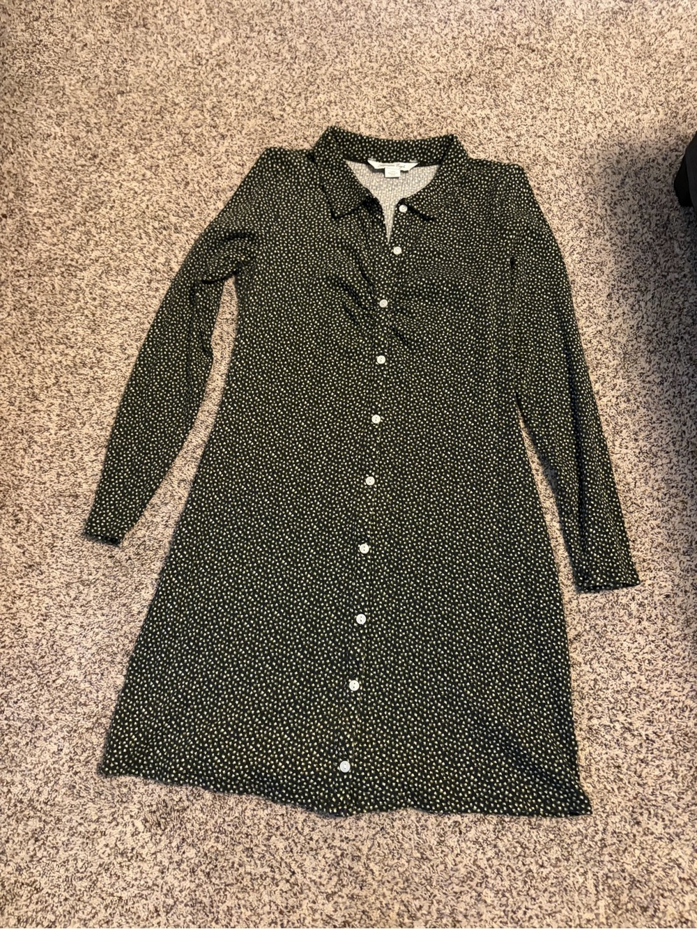 Long Sleeve Button-Front Black Polka Dot Dress